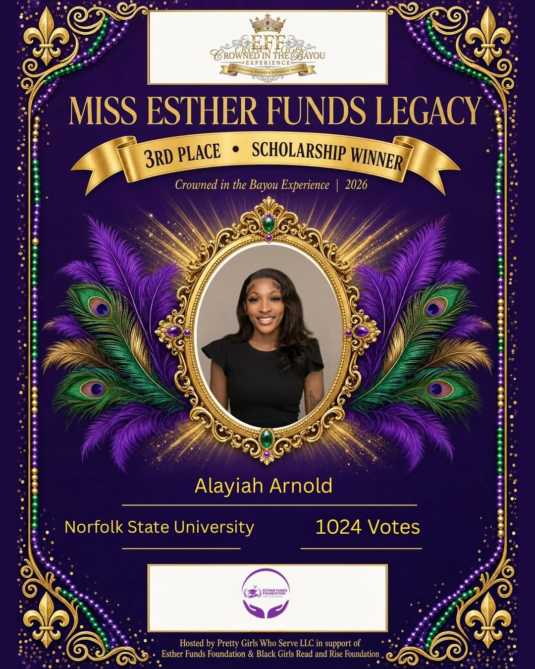 Official Esther Funds Foundation recognition for Alayiah Arnold
