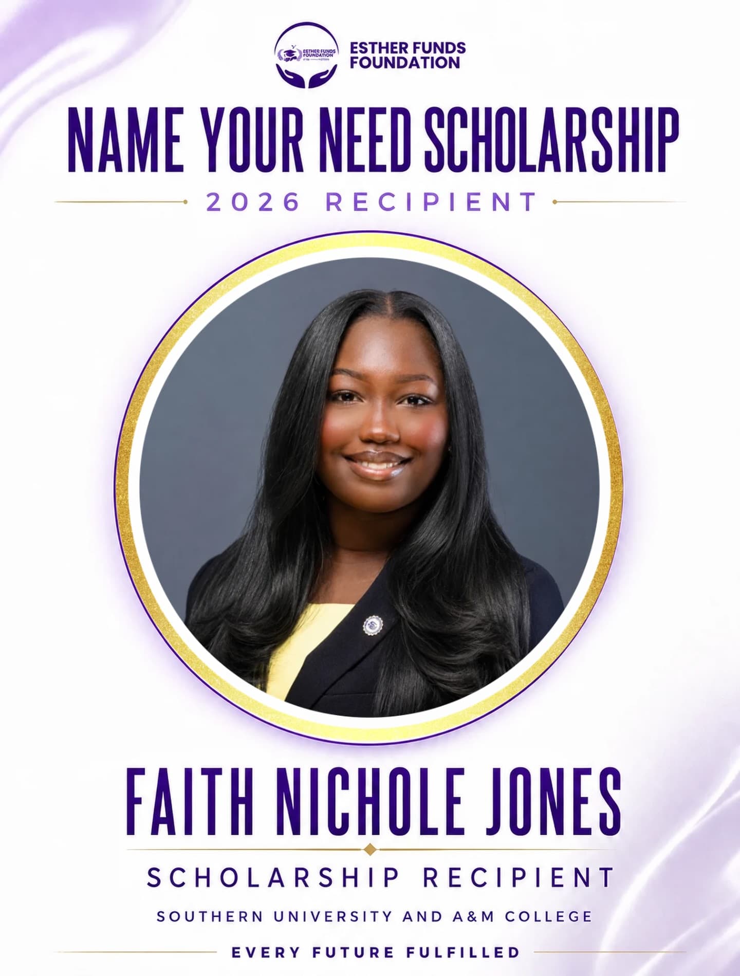 Official Esther Funds Foundation recognition for Faith Nichole Jones