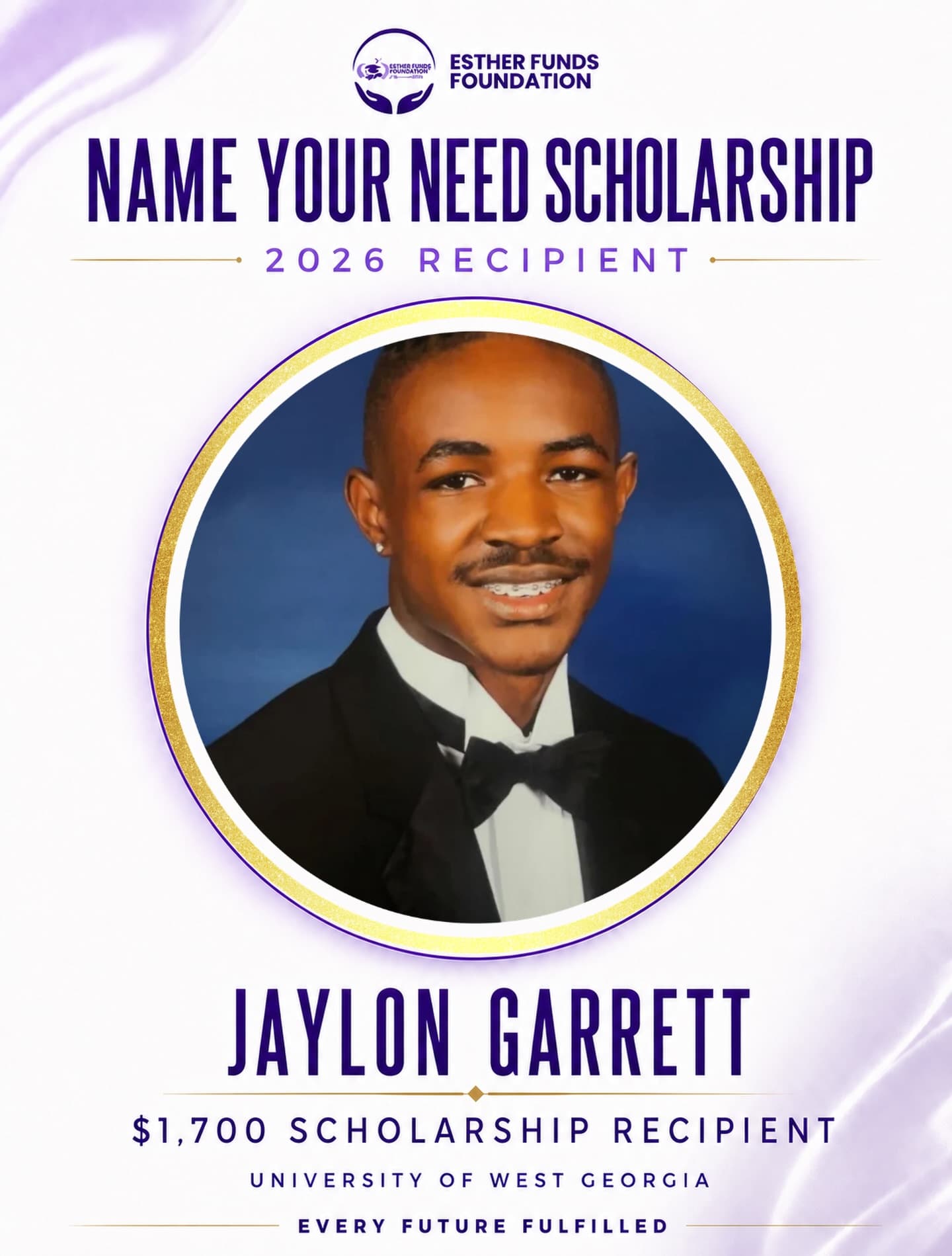 Official Esther Funds Foundation recognition for Jaylon Garrett