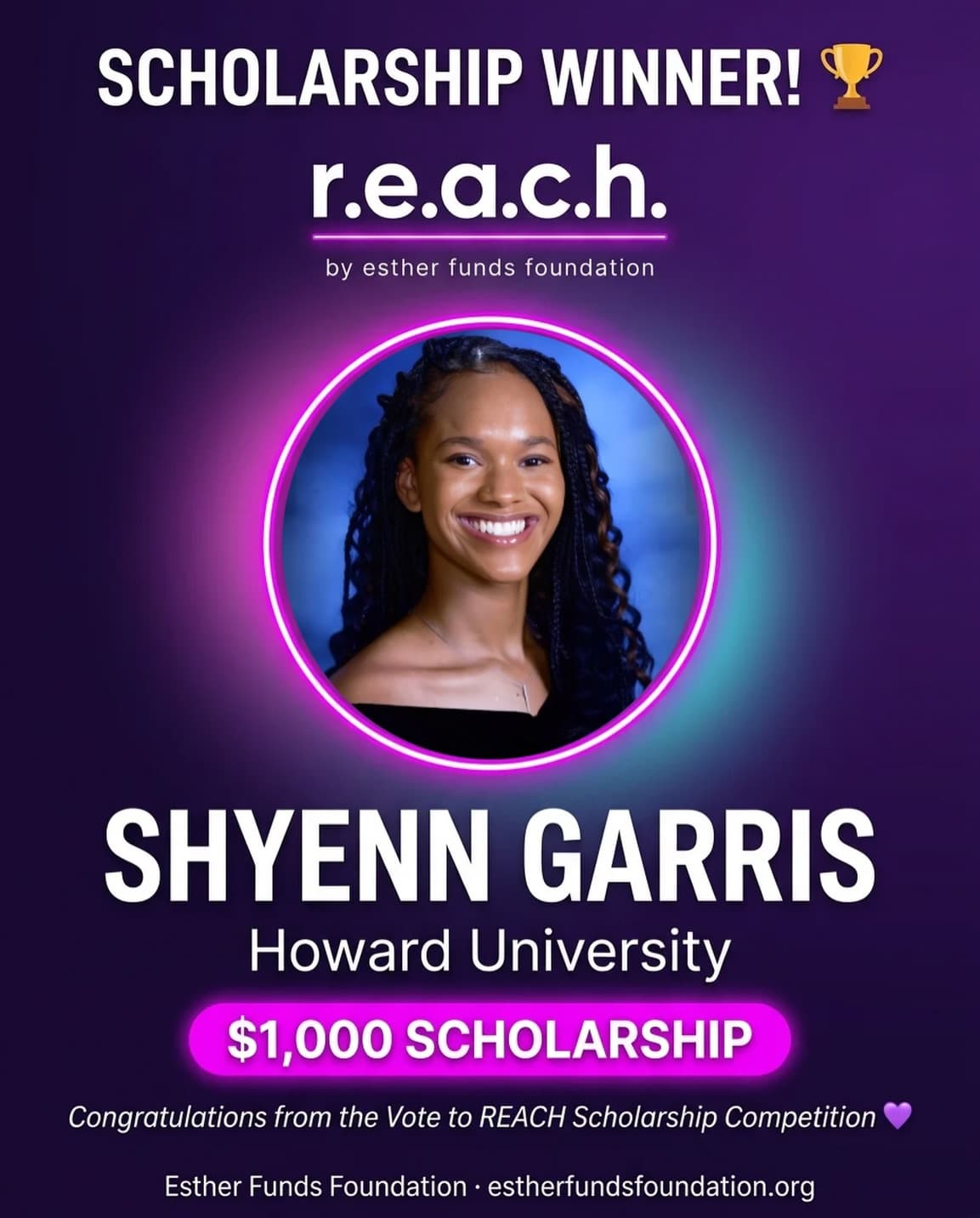 Official Esther Funds Foundation recognition for Shyenn Garris